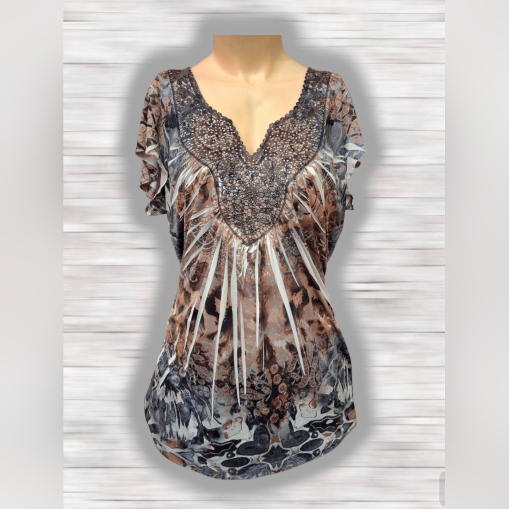 Women's Blouse Sz Sm/M Leopard Print Brown Gem Paisley Crochet Boho Fairy Whimsy